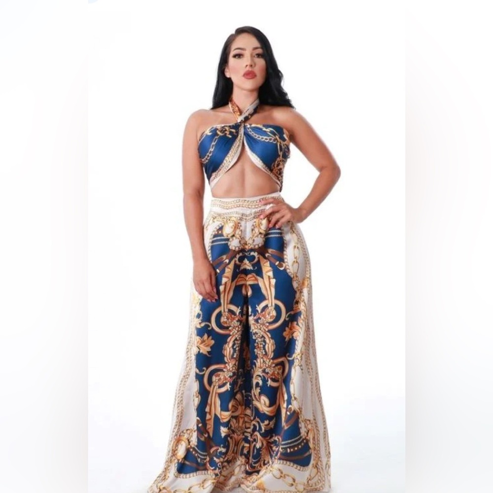 Her Bottari Baroque Blue and Gold Two-Piece Palazzo
